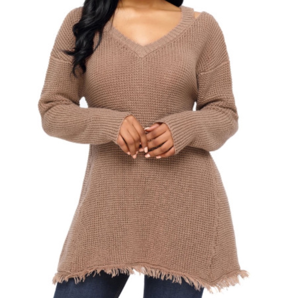 Khaki V Neck Waffle Knit Sweater